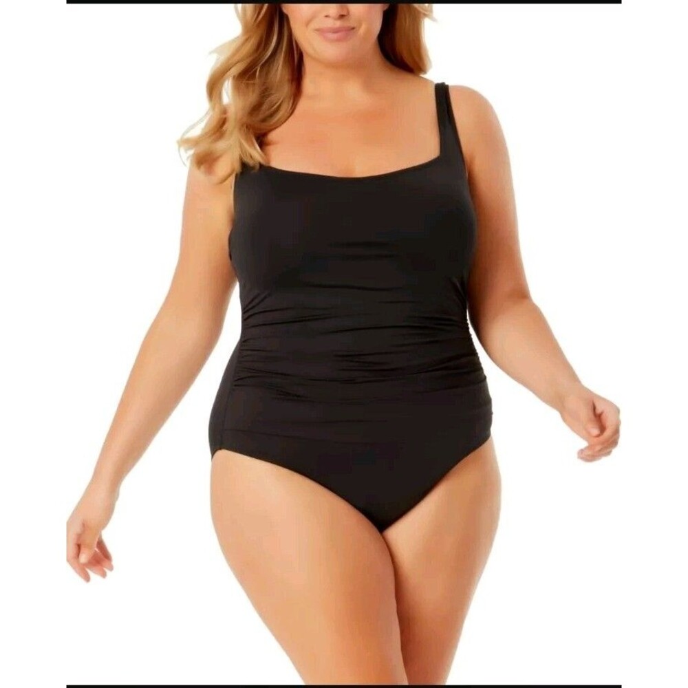 Anne Cole Womens Sz 18W Classic Black Square Neck Shirred One-Piece Swimsuit